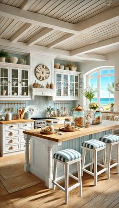 a kitchen filled with lots of counter top space next to a clock on the wall