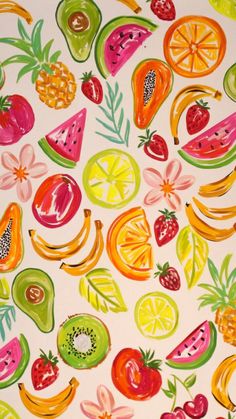 an image of fruit and vegetables painted on white paper with watermelon, pineapples, oranges, strawberries, lemons