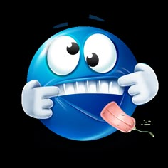 a blue ball with eyes and arms holding a toothbrush in it's mouth