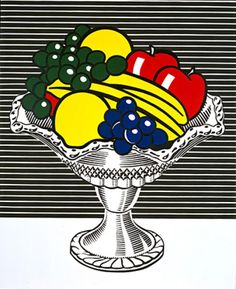 a painting of fruit in a glass vase on a white tablecloth with black stripes