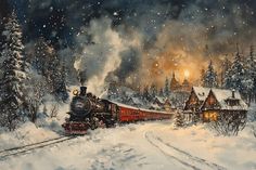 a painting of a train going down the tracks in front of snow covered trees and houses