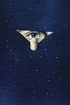 an eye peeks out from behind a piece of cloth with stars in the background