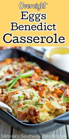 an egg casserole in a pan with the title overlay