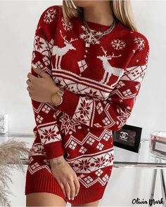 Olivia Mark - Elegant Christmas Fair Isle Pattern Knit Sweater Dress Motif Fair Isle, Christmas Sweater Dress, Xmas Dress, Snowflake Sweater, Sleeves Clothing, Sweater Dress Women, Straight Dress, Jacquard Knit, Knit Sweater Dress