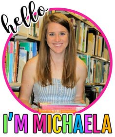 a woman holding a book in front of bookshelves with the words i'm michaela