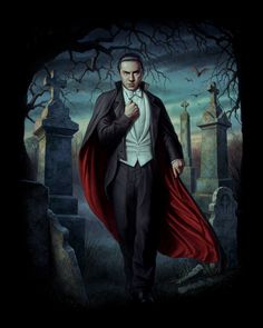 a painting of a man in a suit and cape walking through a graveyard with tombstones