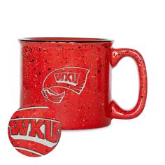 a red coffee mug with the university of wisconsin logo on it