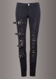 Jump start your edgy style with these black denim skinnies that are bad to the bone! The black mid-rise pants have a skinny fit and are accessorized with buckles and rad ripped details that will make you look and feel like a rockstar. The skinny fit pants have belt loops, front and back pockets and a zip fly with button closure.Available in sizes S, M, L and XL. Made out of 95% cotton and 5% spandex.. Elevate your bold and fierce look by strutting through the streets in these show-stopping black Goth Corsets, Goth Pants, Black Distressed Jeans, Vampire Clothes, Like A Rockstar, Gothic Pants, Ripped Pants, Goth Fashion Punk, Goth Corset