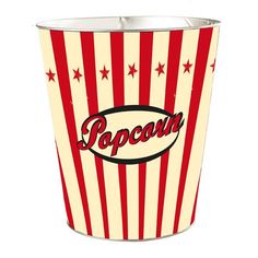 a red and white striped paper cup with the word popcorn on it's side