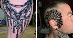 a man with tattoos on his face and behind the ear, before and after being tattooed