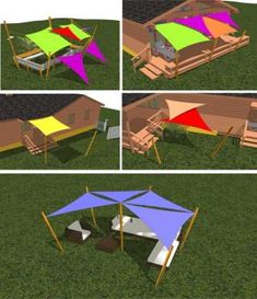 four different colored tents in the grass with one sitting on a bench and another standing up