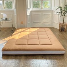 a mattress sitting on top of a hard wood floor next to a potted plant