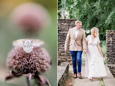 a bride and groom holding hands walking next to a flower