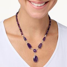 Jay King Gallery Collection Sterling Silver Amethyst Drop Necklace Stand out from the crowd in this elaborate, handcrafted sterling silver amethyst necklace from Jay's Gallery Collection. The exclusive design features dark purple African amethyst, in a design that's sure to add a touch of elegance to any ensemble!       Necklace approx. 18"L x 1/4"W with 2-3/4" extender     Drop approx. 1-13/16"L x 5/8"W     Stamped .925     Hook closure     Necklace has bezel-set, checkerboard-faceted, freeform Jewelry King, Necklace Stand, Gemstone Beaded Necklace, Purple Necklace, Color Bands, Amethyst Jewelry, Amethyst Beads, Amethyst Necklace, Drop Necklace