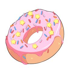 a pink donut with sprinkles and stars on it's side