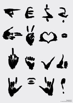 various hand gestures drawn in black ink on white paper with the word love written below them