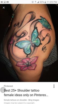 a woman's thigh with flowers and butterflies on it, in the shape of a butterfly