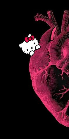 a pink heart with a hello kitty sticker on it's side and a black background