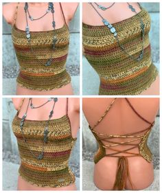 four pictures of different types of crocheted clothing with chains attached to the bra