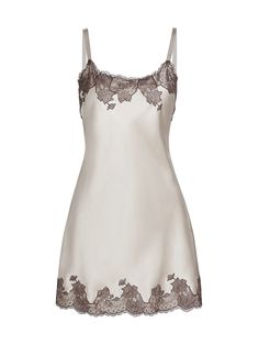 "Find NATORI Lolita Silk Lace Mini Slip Dress on Editorialist. From the Lolita Collection. Crafted of smooth silk charmeuse, this mini slip dress from Josie Natori is styled with intricate floral chantilly lace appliqué at the neckline and hem. Scoopneck Adjustable straps Pulls on 100% silk Lace: 100% nylon Dry clean Imported SIZE & FIT Model measurements: 5'10\" tall Model is wearing a US size Small. Josie Natori. Color: Pewter Ash. Size: XS." Silver Slip Dress, Lounge Outfits, Outfit References, Josie Natori, Mini Sheath Dress, Floral Cocktail Dress, Mini Slip, Silk Lace, Silk Slip Dress