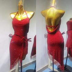 two mannequins dressed in red and gold, each wearing a halter top