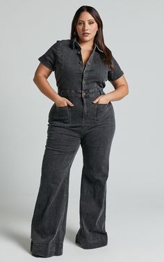 Silvena Jumpsuit - Short Sleeve Flared Denim Jumpsuit in Black Wash | Showpo USA Denim Jumpsuit Black Women, Western Outfits Women Jeans, Jumpsuit Modern, Denim Jumpsuit Outfit, Jumpsuit Short, Jumpsuit Fitted, Flared Denim, Model Shoot, Weekend Activities