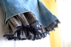 contentedsparrow: skirt refashion-redo-refresh-remake or spunky up your skirt with a peek-a-boo ruffle Skirt Refashion, T Shirt Tutorial, My First Baby, Shirt Tutorial, Skirt Tutorial, Recycle Jeans, Altering Clothes, Spring Sweater, Upcycled Fashion