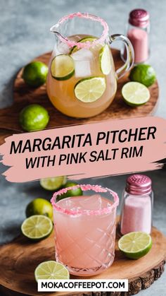 margarita pitcher with pink salt and limes next to it on a cutting board, surrounded by other ingredients