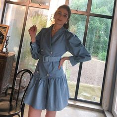 casual suit collar denim bubble sleeves ruffled button midi dress Button Midi Dress, Suit Collar, Womens Denim Dress, Midi Dress Casual, Casual Suit, Blue Midi Dress, Solid Dress, Teen Fashion Outfits