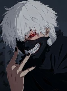 an anime character with white hair and red eyes holding his hand up to his face