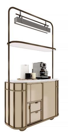 an image of a coffee machine on top of a buffet table with white counter tops