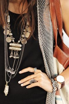 Tribal ethnic rustic silver stacked necklaces, rings and bracelets #jewelry Silver Things, Bracelets And Rings, Necklace Stack, Mode Boho, Ethnic Necklaces, Bohol, Styl Boho, Kate Moss