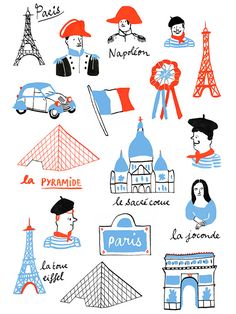 an image of different things that are in the french language, including buildings and flags