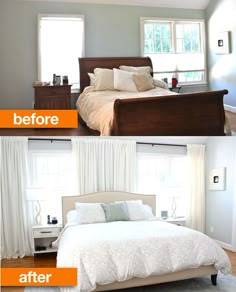 before and after pictures of a bedroom makeover with white bedding, curtains, and windows