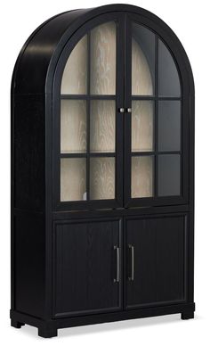 a black display cabinet with glass doors