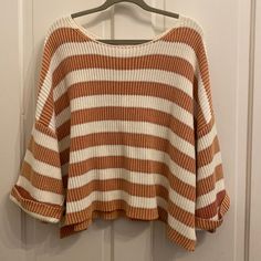 Brand New With Tags. Size Small. Scoop Neck With Wide Sleeves. Orange And White Stripes. 100% Cotton. Striped Sweater For Fall Beach Outings, Striped Sweater For Beach In Fall, Fall Striped Beach Sweater, Grey Turtleneck Sweater, Long Sweater Dress, Ivory Sweater, Solid Sweaters, Orange Sweaters, Embroidered Sweater