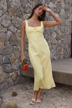 Lemon Squeeze Maxi Dress Yellow | Fortunate One Summer Vacation Square Neck Maxi Dress, Summer Beach Maxi Dress With Square Neck, Trendy Summer Maxi Dress For Brunch, Summer Maxi Dress With Square Neck, Spring Beach Maxi Dress With Square Neck, Square Neck Maxi Dress For Beach In Spring, Yellow Sundress For Summer Day Out, Spring Vacation Sundress With Square Neck, Summer Square Neck Maxi Dress For Brunch