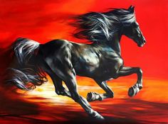 a painting of a running horse on a red background