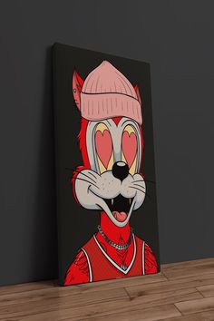 a painting of a fox wearing a pink hat and scarf on a black background with wood flooring