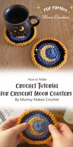 Crescent Moon Coasters - Tutorial by Mumsy Makes Crochet Moon, Crochet Coaster Pattern, Fun Crochet Projects, Halloween Crochet, Diy Crochet Projects, Crochet Coasters, Crochet Home, Crochet Techniques