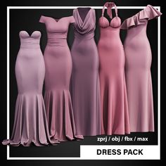 four dresses are shown in different colors and sizes, one is pink, the other is purple