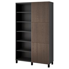 an open bookcase with three shelves on one side and two doors on the other