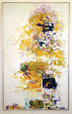 an abstract painting with yellow, purple and white flowers in a vase on a table