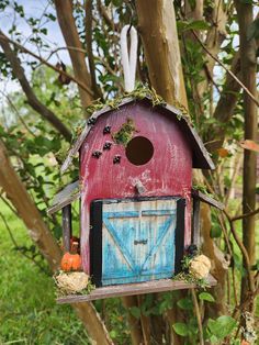 a bird house hanging from the side of a tree