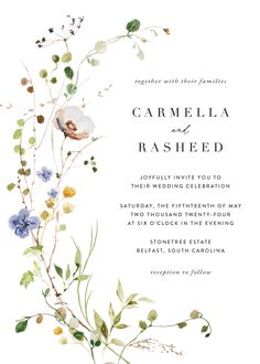 a wedding card with flowers and leaves on it