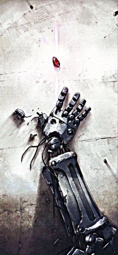 a drawing of a robotic hand with a red light coming out of it's palm