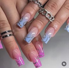 Pink And Blue French Tip Acrylic Nails, Nail Ideas Y2k French Tip, Pink And Blue Nails French Tip, Pink With Blue French Tip, Pink Nail Blue French Tip, Airbrush Nails, Ombre Acrylic Nails, Summery Nails