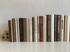 a row of books sitting on top of a white counter