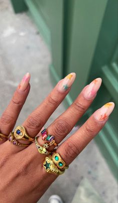 Eclectic Gold Jewelry, Gold Colorful Jewelry, Summer Rings Aesthetic, Natashahmedx Outfits, Hands Rings Aesthetic, Maxamilist Jewelry, Maximalist Jewelry Aesthetic, Stacked Jewelry Rings, Pretty Stacks