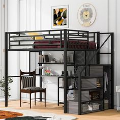 a loft bed with a desk underneath it in a room that has hardwood floors and white walls